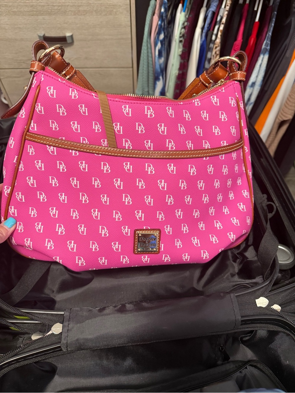 Dooney & Bourke Hot Pink DB Monogram Shoulder Bag with Brown Trim